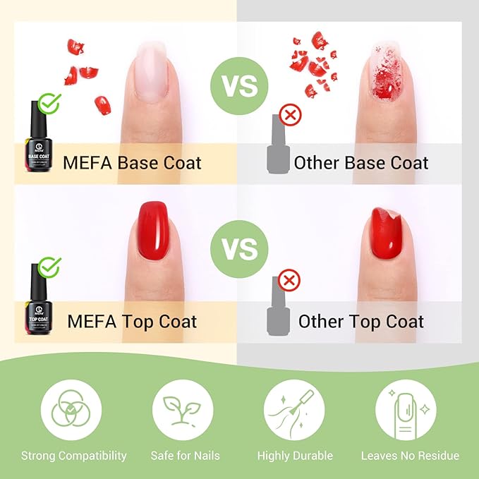 MEFA 2 Pcs 15ml Gel Top Coat and Base Coat Set, No Wipe Gel Nail Polish Base and Top Coat, Long Lasting Glossy Shine Effect Soak Off LED Nail Lamp Art DIY Manicure Holiday Gifts