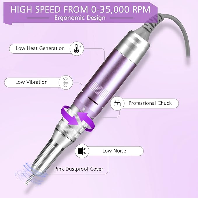 35000RPM Portable Nail Drill Machine, HoMove Professional Nail Drill Machine, Rechargeable Electric Efile Nail Drills for Acrylic Gel Nails, Cordless Portable Nails Drill【Purple】