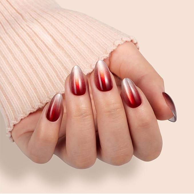 VSALON Press On Nails - Short Almond Red Cat Eye Ombre Fake Nails with Extra UV Cure Glue, 28-Days Salon-Strong No Pop-Off, Reusable Fake Nails for Party & Daily Wear - 32 PCS in 16 Sizes (Cocktail)