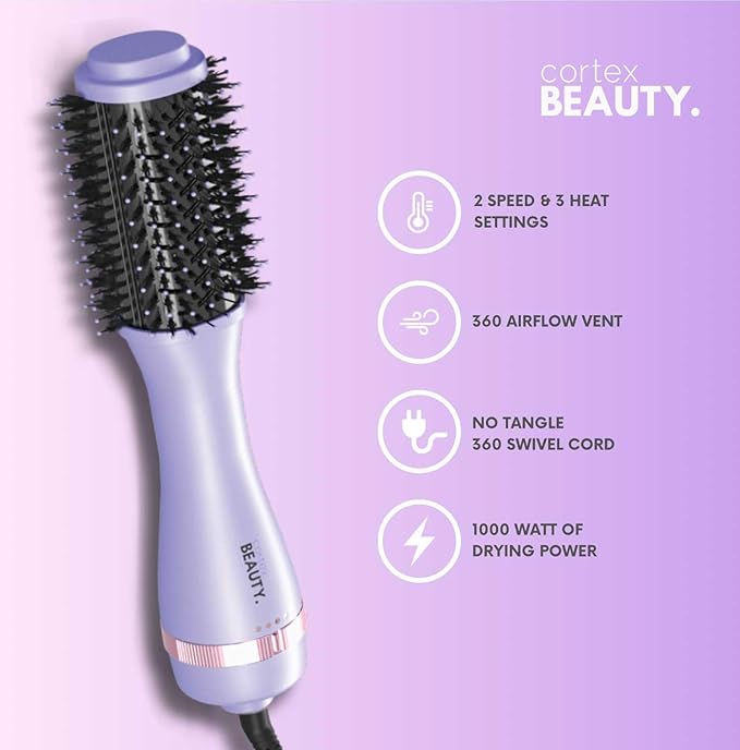 Cortex Beauty Infrared Volumizing Blowout Brush - Blow Dryer, Round Styling Tool for All Hair Types, 2" Barrel with Comb (Purple)