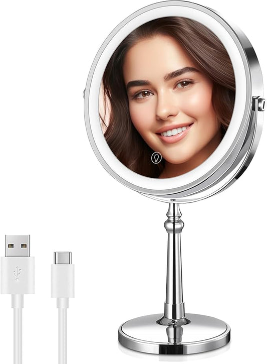9" Large Lighted Makeup Mirror, 1X/10X Magnifying Mirror with Lights, 360 Rotate Touch Screen Vanity Light up Mirror with 3 Color Lights, Brightness Adjustable