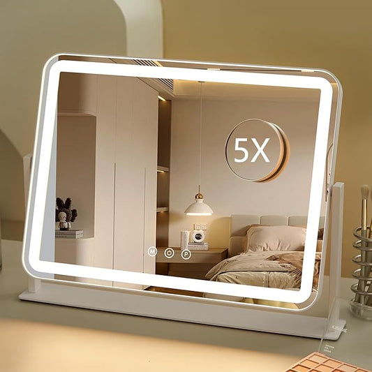 HIEEY Vanity Mirror with Lights, Makeup Mirror with Lights, Three Color Lighting Modes, and 5X Magnification Mirror, Smart Touch Control, 360°Rotation (13.5" x 17.4" White,Gift Box)