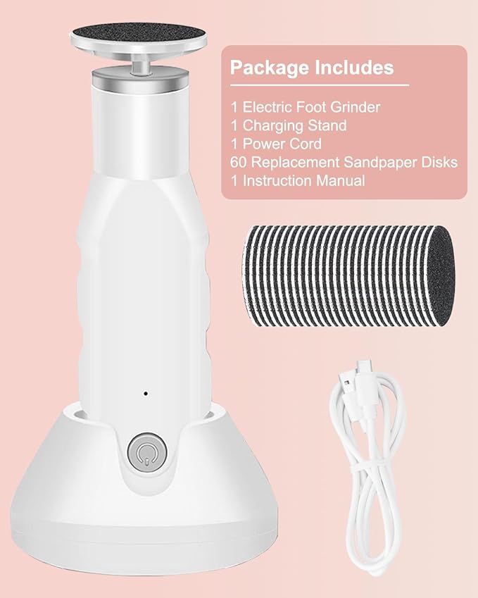 Electric Foot Callus Remover, Dioche 650 RPM Electric Foot File, Adjustable Speed, USB Charging, Removable and Washable, with 60pcs Replacement Sandpaper Disk, for Dead Cracked Hard Skin Calluses