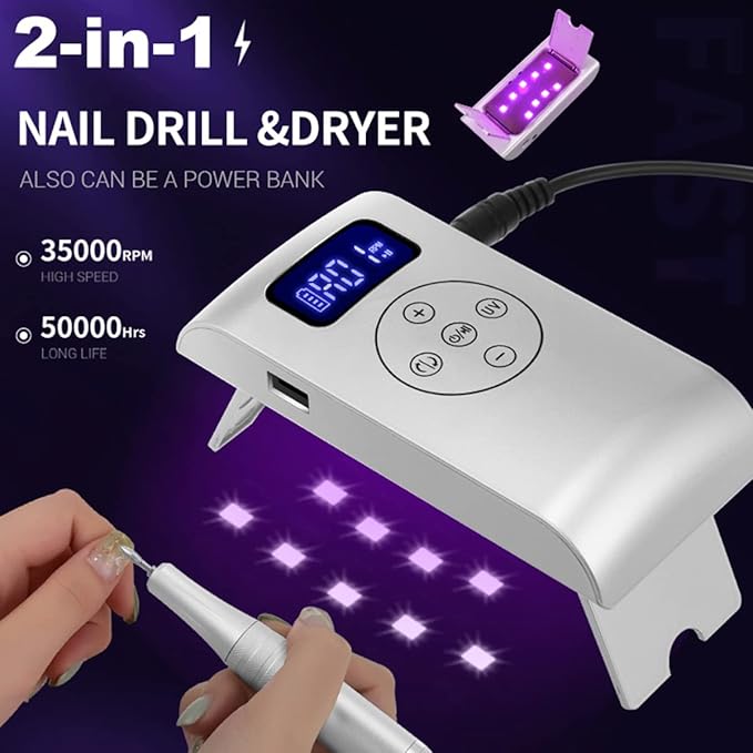 3 in 1 Portable Electric Nail Drill, Compact 35000 RPM Electrical Professional Nail File Kit, UV Lamp Manicure Pedicure Polishing Shape Tools