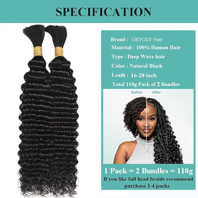 Human Braiding Hair for Boho Braids Deep Water Wave Bulk Human Hair 110g 24 Inch Curly Wave for Boho Braids Extensions No Weft 12A Wet and Wavy 2 Bundles/Pack Natural Color