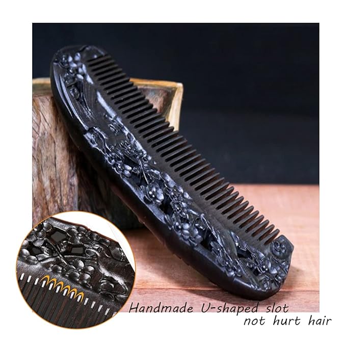 Ebony Wood Comb - Carved Craft Natural Black Sandalwood Hair Comb for Women - No Static Fine Tooth Comb with gift box (Birds and flowers)