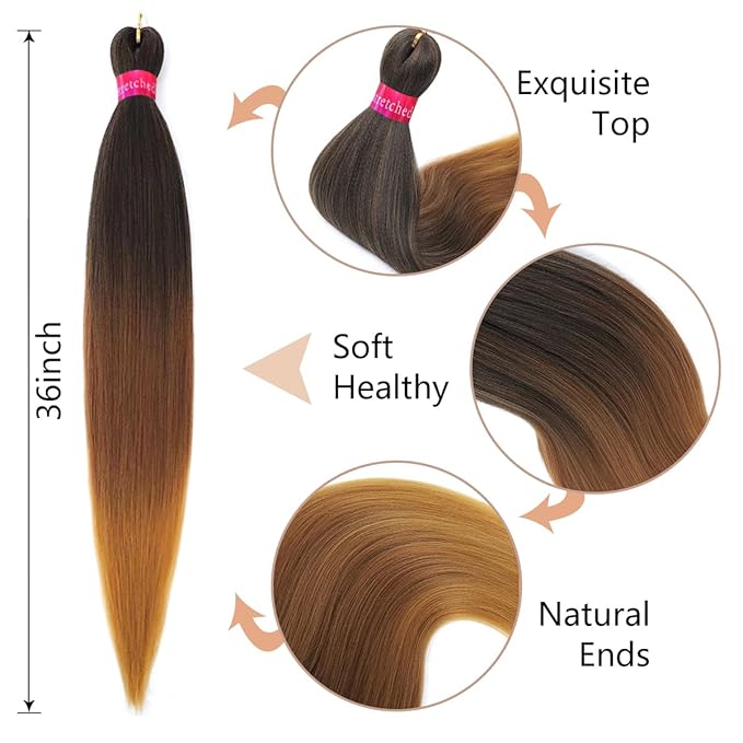 36'' Ombre Pre Stretched Braiding Hair Yaki Texture Crochet Braid Hair Extensions 4 Tones Braiding Hair Pre Stretched (7packs,1b/30/27)