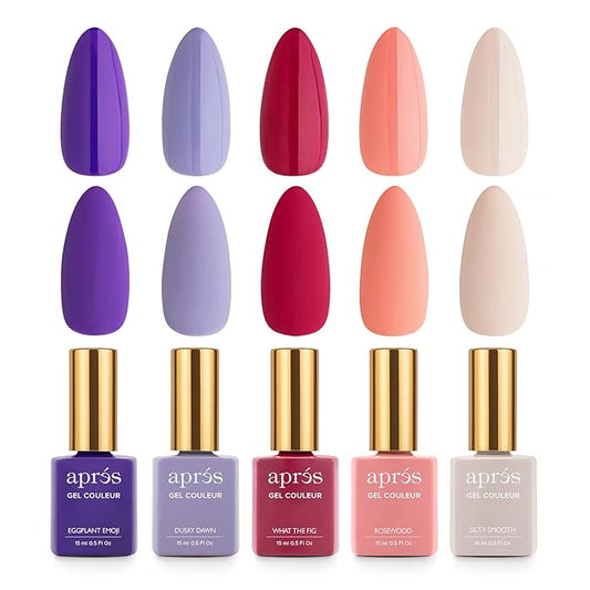 Apres Gel Couleur Combo Set, 5 Color Gel Nail Polish, Bright Nude Pastel Colors with Brush-X Nail Art Brush, 2024 Edition (Set 15)
