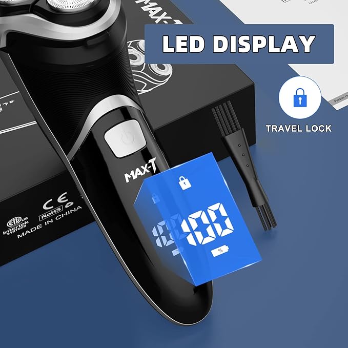 MAX-T Men's Electric Shaver - Corded and Cordless Rechargeable 3D Rotary Shaver Razor for Men with Pop-up Sideburn Trimmer Wet and Dry Painless 100-240V Black (Metal Black)