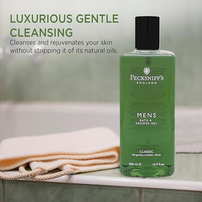 Pecksniff's Men's Luxurious Moisturizing Bath & Shower Gel | Luxury Shower Fougere Scent with Bergamot, Leather, Lavender | Mens Shower Gel | Invigorating Classic Scent, 500ml