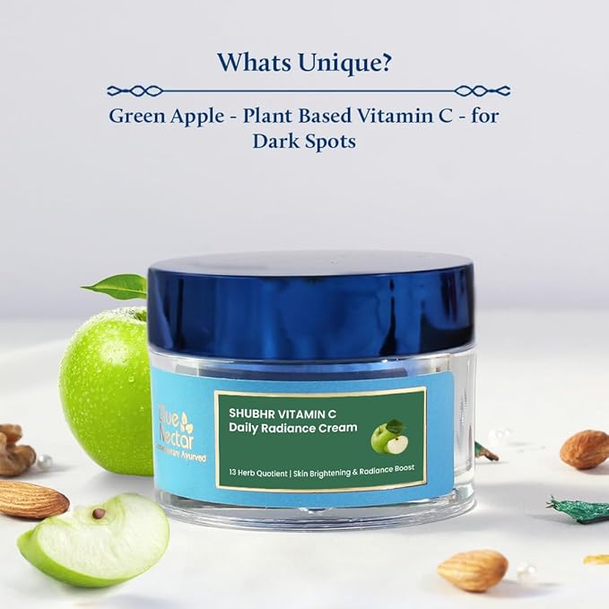 Blue Nectar Plant Based Vitamin C Face Cream for Glowing Skin, Dark Circle Removal Cream with Green Apple and Almond Oil (13 Herbs, 1.7 Oz)