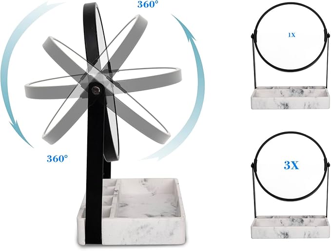 Vanity Mirror With Marble Tray, Two-Sided 6 Inches 1X/3X Magnification Makeup Mirror With Stand, Table Mirror