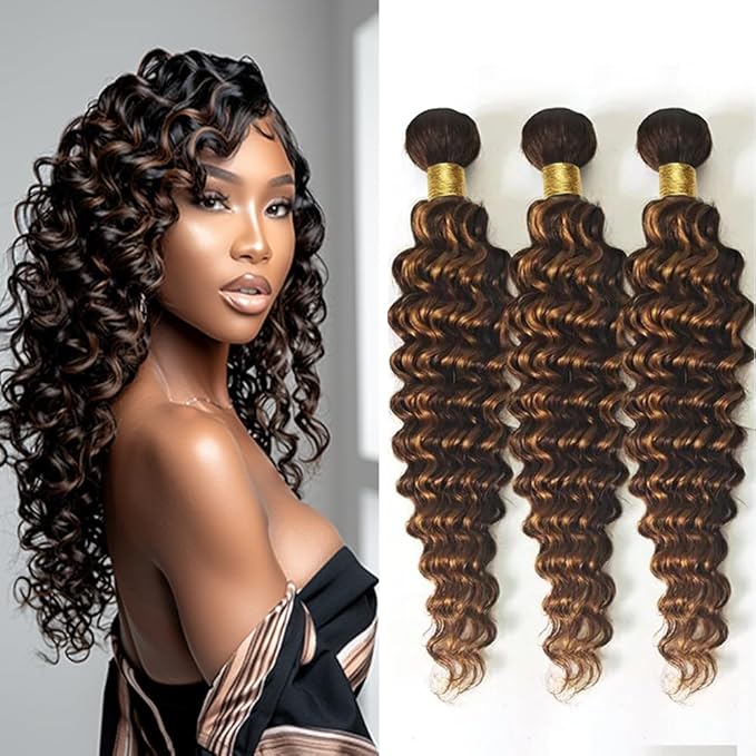 Highlight Bundles P1B30 Loose Deep Human Hair Bundles Two Tone Black Mixed With #30 Light Brown Deep Wave Bundles Brazilian Human Hair Weave Soft and Silky for Women 18 20 22 Inch