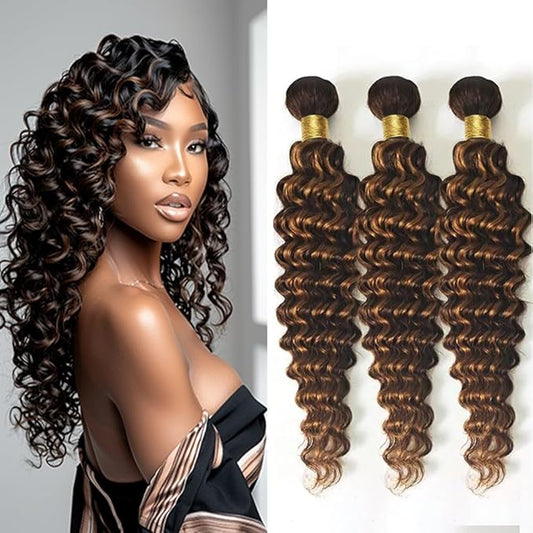 Highlight Bundles P1B30 Loose Deep Human Hair Bundles Two Tone Black Mixed With #30 Light Brown Deep Wave Bundles Brazilian Human Hair Weave Soft and Silky for Women 18 20 22 Inch