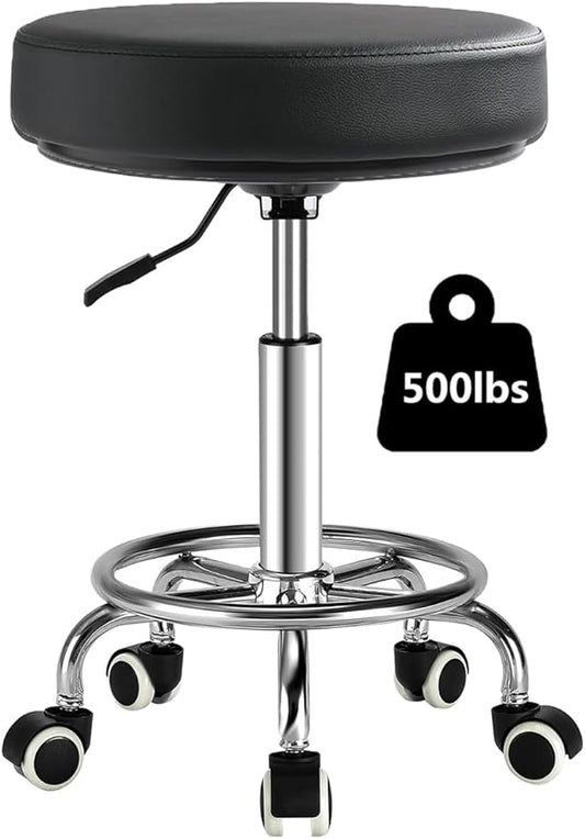 Adjustable Rolling Stool with Wheels - Ergonomic Salon & Tattoo Artist Chair, Office Stool with Comfortable PU Leather Seat,Black