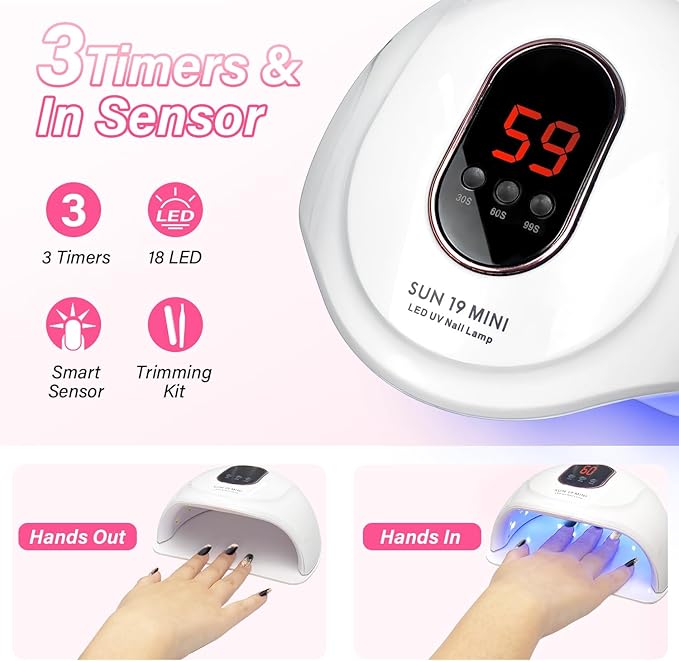 LED Nail Lamp with Gloves Nail Files Cuticle Trimmers, 3 Timers Auto Sensor Gel Polish Curing Dryer Light with Display Detachable Base