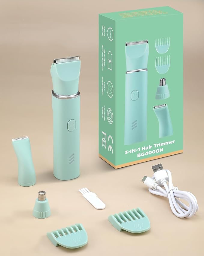 Bikini Trimmer for Women,3-in-1 Painless Electric Razors & Shaver Nose,IPX7 Waterproof,Body Hair Trimmer for Underarm/Pubic/Nose/Legs,USB-C Rechargeable Women's Grooming Kit(Green)
