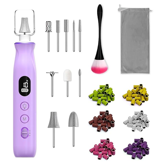 Cordless Electric Nail File Set, 10 Speeds Professional Manicure Pedicure Kit with LED Light & LCD Screen, Portable Nail Drill for Natural & Acrylic Nails, Human & Pet Thick Toenails (Purple)