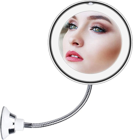 10x Magnifying Mirror with Light, Flexible Gooseneck Make up Mirror with Lights and Magnification, Battery Operated Cordless Magnified Mirror with Suction Cups for Wall Bathroom