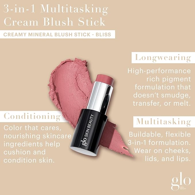 Glo Skin Beauty Cream Blush Stick (Bliss) | 3-in-1 Multitasking Long-Wear Cheek, Lips + Lids Stick | Packed with Skincare Benefits