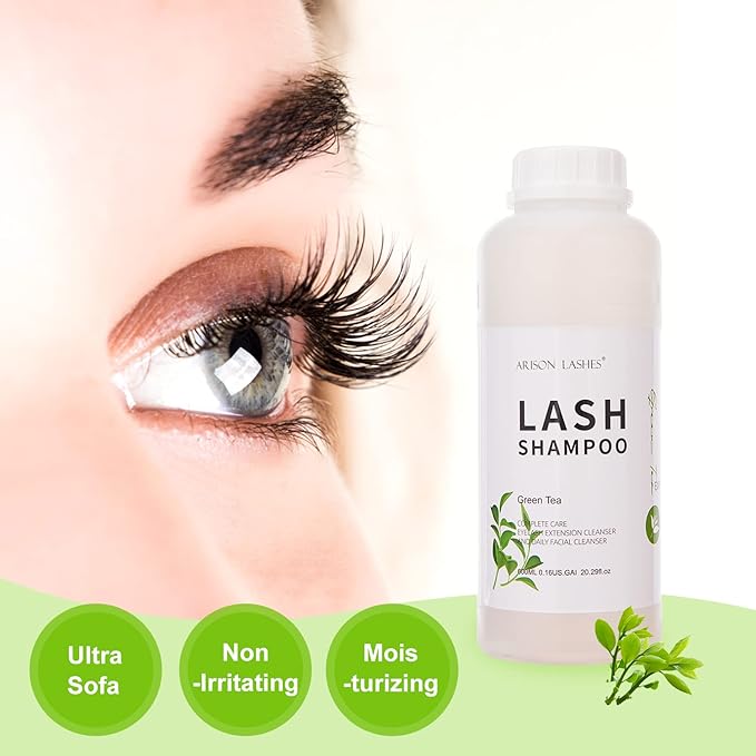 Arison Eyelash Eyelash Extension Shampoo 600ml / Eyelid Foaming Cleanser/Wash for Extensions and Natural Lashes/Paraben & Sulfate Free Safe Makeup & / Professional & Self Use (Green Tea)