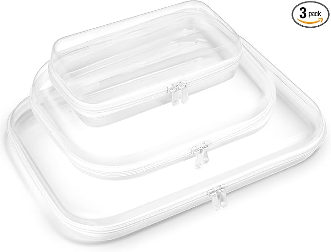 3PCS Clear Hard Shell Zipper Case for Storage, Portable Waterproof Cosmetic Bag with Zipper, Plastic Clear Pencil Case, Toiletry Pouch, Travel Organizer, Toy Storage Bins