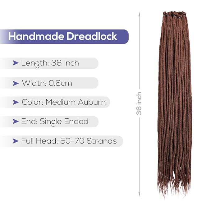36" Medium Auburn Dreadlocks Extension Soft Synthetic Crochet Hair Super Long Dread Extensions Reggae Style for Women (10 Strands)