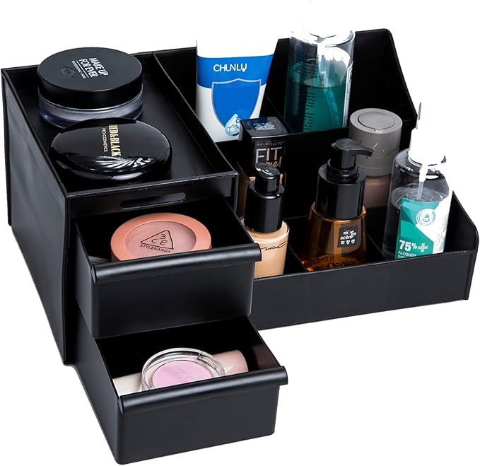 skin care organizer,Makeup Desk Organizer With Drawers ,Countertop Organizer for Cosmetics,Vanity brush with Holder for Lipstick, Brushes, Eyeshadow, and Jewelry Desktop Finishing Dresser (black)