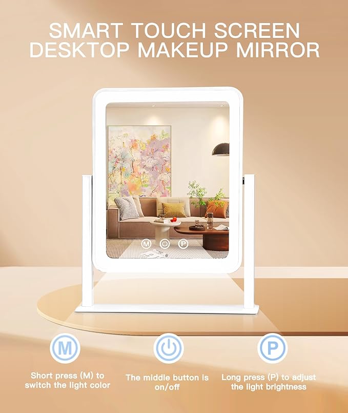 2025 Lighted Makeup Mirror, Hollywood Vanity Mirror with Lights, 3 Color Lighting Modes, 360° Rotation, Hd Glass Mirror, and 10X Magnification Mirror, Smart Touch Control for Home & Travel (White)