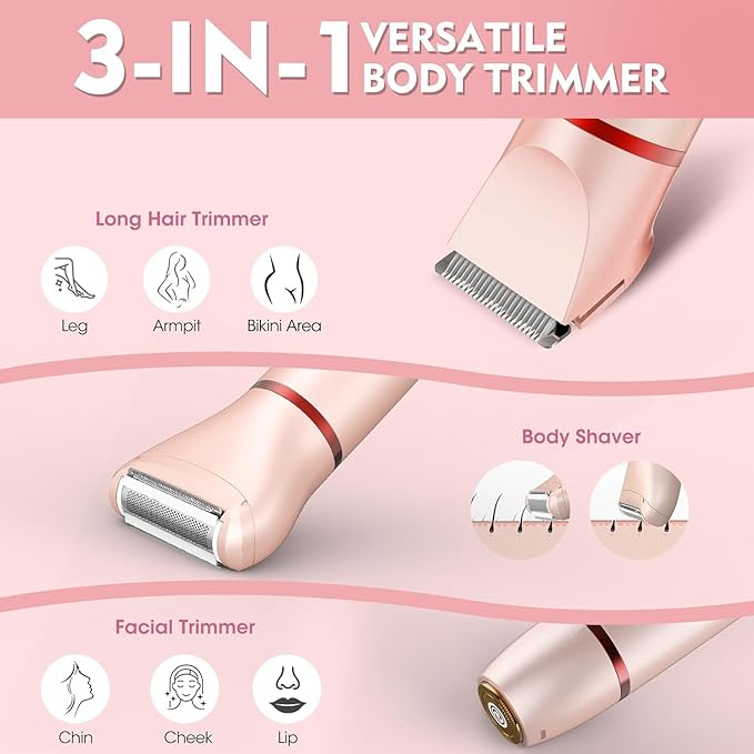Bikini Trimmer for Women, 3 in 1 Electric Razors for Women, Waterproof Pubic Hair Trimmer and Facial Hair Remover, Rechargeable Electric Shaver for Underarm Leg Arm Body with LED Display, Pink