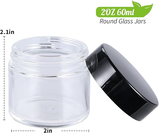 2oz Jars with Lids, HOA Kinh 30 Pack Clear Glass Jars Empty Cosmetic Containers Round Airtight Glass Jar with Inner Liners and black Lids for Storing Lotions, Powders, and Ointments