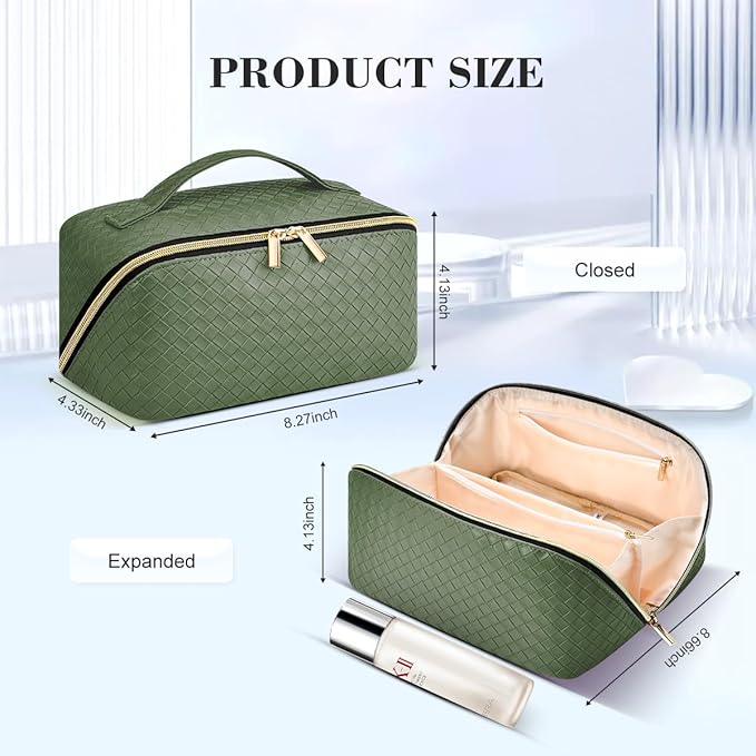 Travel Makeup Bag: Large Capacity Cosmetic Bag for Women, Portable PU Leather Waterproof Stuff Bag With Handle and Divider Flat Lay Makeup Pouch Toiletry Bag Birthday Gift for Women - Green