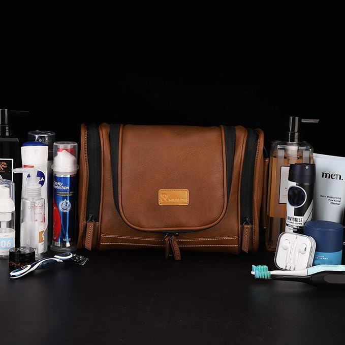 MIRASON Hanging Toiletry Bag for Men Dopp Kit Waterproof Travel Organizer Bag with Sturdy Metal Hook and Handle for Bathroom Shower Cosmetics Camping Brushes Shaving (Brown)