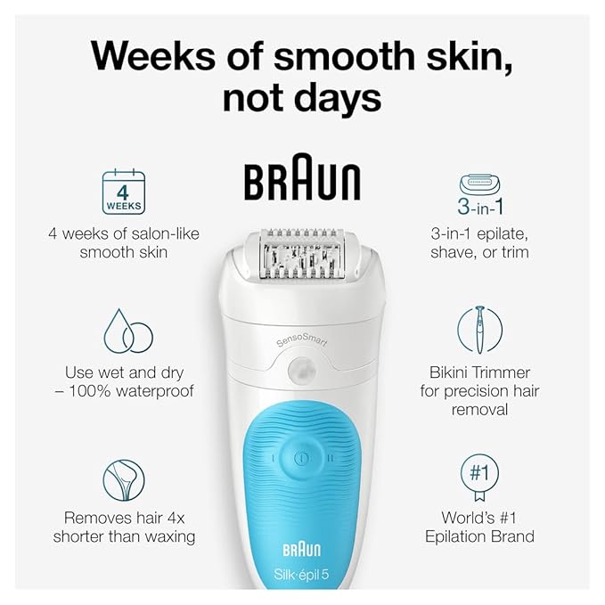 Braun Epilator Silk-épil 5 5-810, Hair Removal Device, Epilator for Women, Shaver & Bikini Trimmer, Cordless, Rechargeable, Wet & Dry