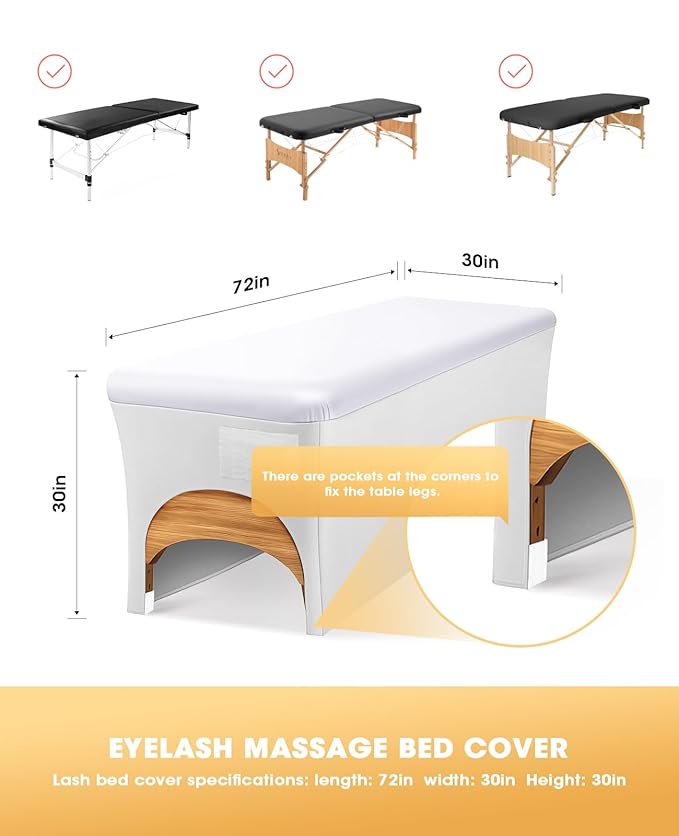 Onism Lash Bed Cover-Wipeable PU Leather Massage Bed Cover, Waterproof Soft and Comfortable Spa Bed Cover with Storage Pocket for Eyelash Extension Bed Massage Bed Perfect for Salon Spa Home Use White