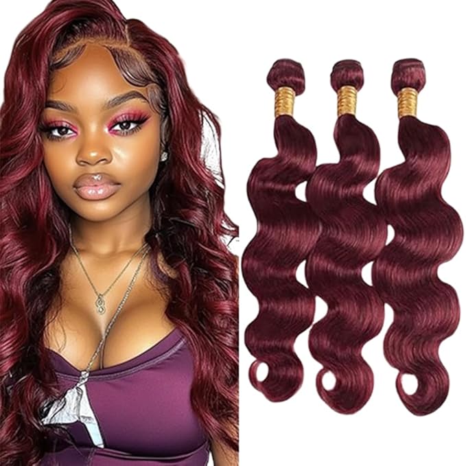Color 99j Body Wave Bundles Human Hair Burgundy Body Wave Bundles Wine Red Brazilian Human Hair Extensions Weave Wet and Wavy Soft Silky for Black Woman 16 16 16 Inch