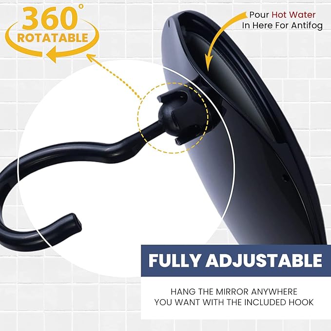 MIRRORVANA Dual Anti Fog Shower Mirror for Shaving with Hook for Hanging and Fogless Shatterproof Surface - Fill Back Chamber/Reservoir with Hot Water for Fog Free Shave (8" Diameter, Black)