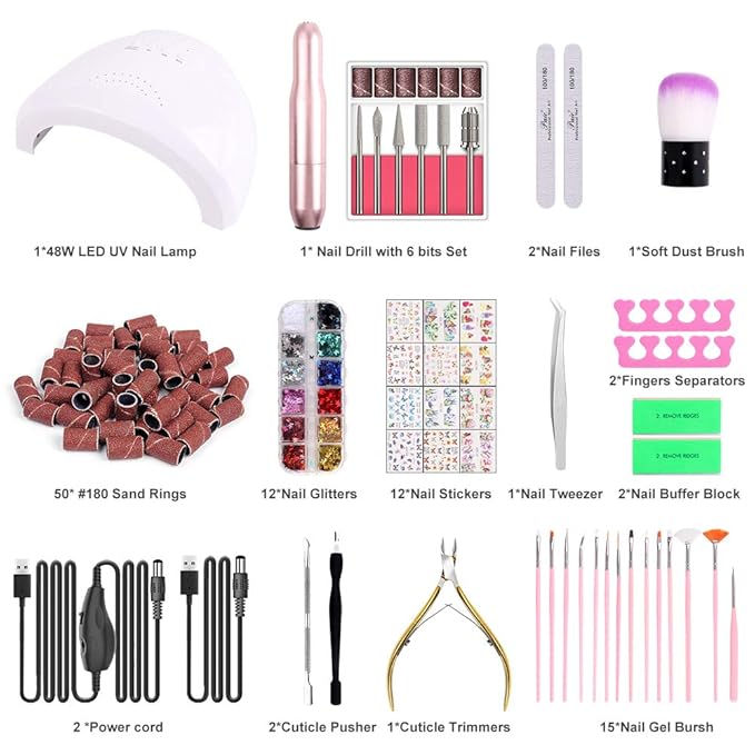 86PCS Acrylic Nail Kit Set with Everything, Professional Electric Nail Drill Machine 48W UV LED Nail Lamp Gel Dryer Lamp, Nail Supplies Art Brushes Decoration Nail Efile Tools for Gel Nails