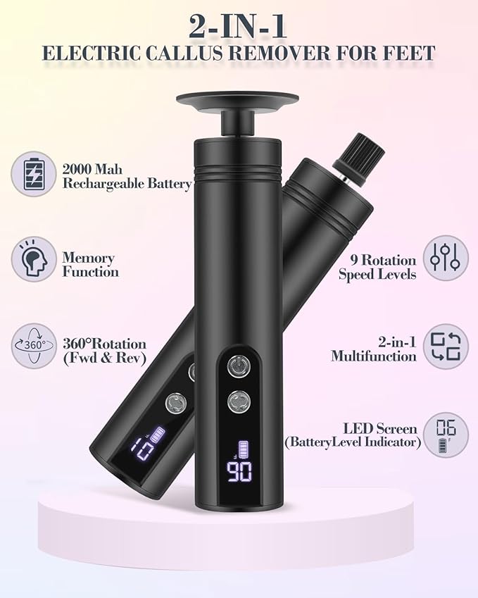 2 in 1 Electric Callus Remover & Foot Sander, 2000mAh Battery,9 Speed Adjustable Foot File Callus Remover with LED Display, Replaceable Sandpaper Discs, for Foot and Nail Care,Rose