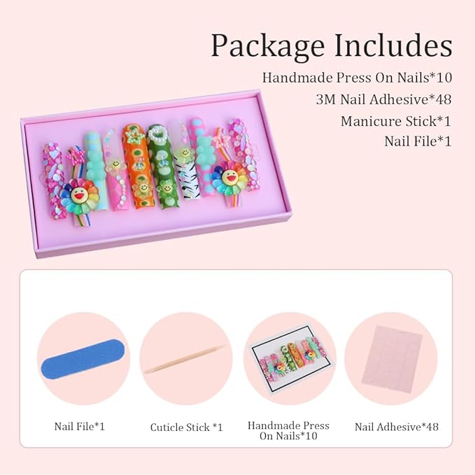 Handmade 3D Extra Long Gummy Bear Square Press On Nails,Luxury Diamond Pink Cotton Candy Salon False Nails with Design Nail Art Gifts for Women and Girls 10Pcs,Size S