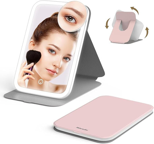Mocado Travel Makeup Mirro with Lights, 360° Rotation Lighted Makeup Mirror, Portable Mirror with 10x Magnification, 60LEDs 3 Color Lightings, Dimmable Touch Screen, Tabletop Light up Mirror(Pink)