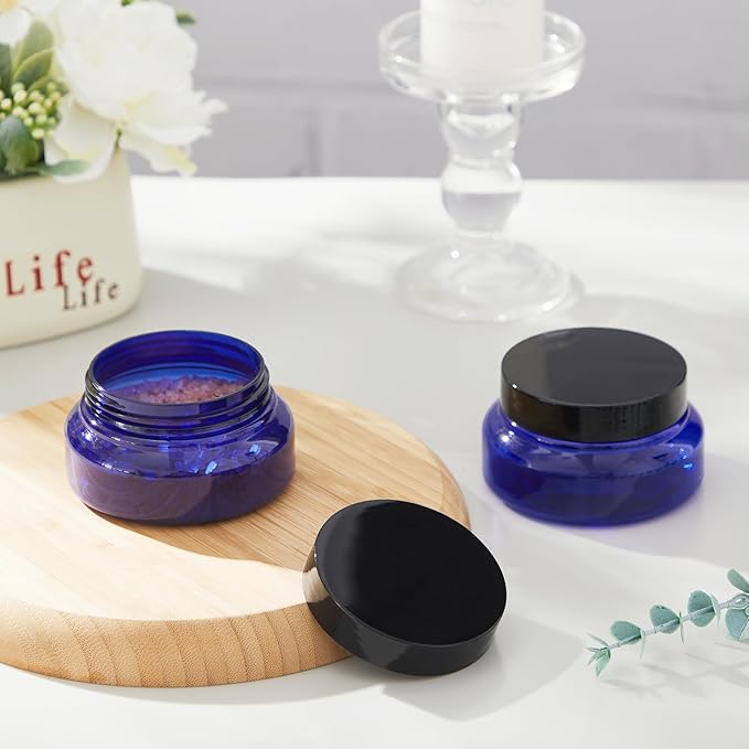 Tessco 24 Pack Plastic Jars with Lids Labels Empty Clear Plastic Jars Round Refillable Cosmetic Containers Body Butter Containers Bulk Sugar Scrub Bottle for Make Up(5 oz,Translucent Blue and Black)