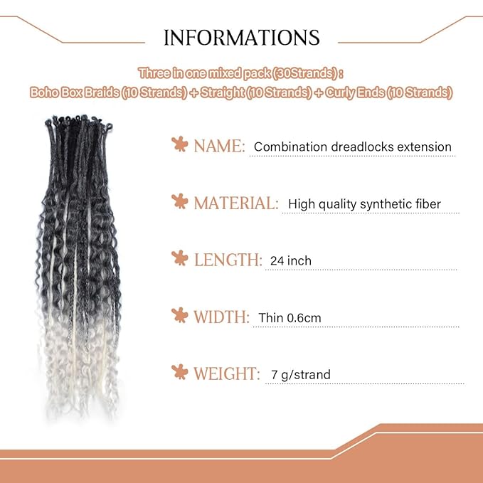 24 Inch 30 Strands SE Dreadlock Extensions Sets，3 In 1 Mixed Synthetic Dreads Extensions, Gray to White Straight&Curly&Boho Handmade Dreads Hippie Style Dreadlocks for Woman