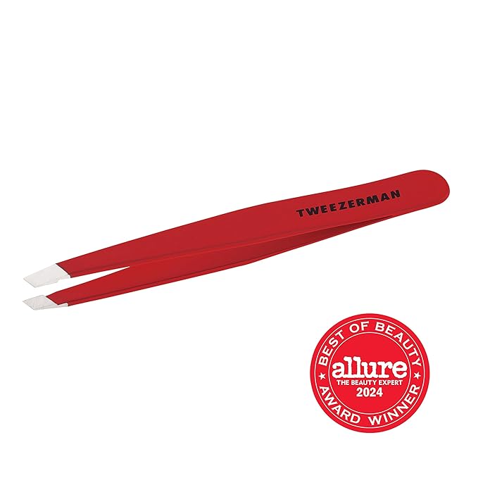 Tweezerman Stainless Steel Slant Tweezer - Eyebrow Tweezers for Women and Men (Signature Red)