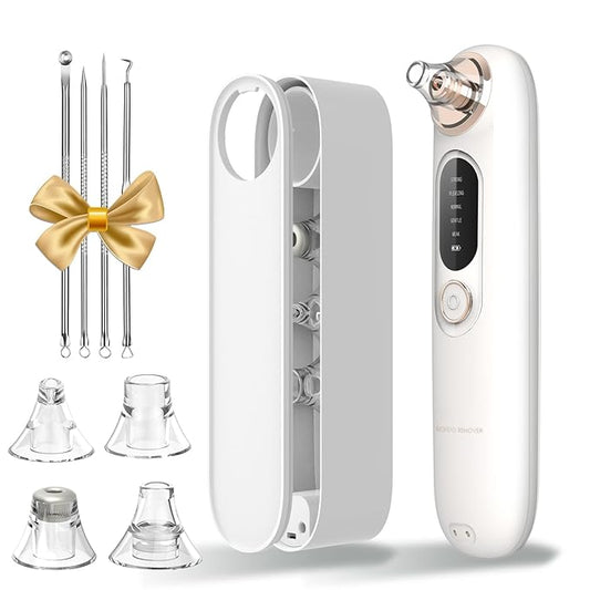 Blackhead Remover Pore Vacuum Kit for Face, 5 Adjustable Suction Levels Blackhead Extraction Tool, Face Suction Pore Cleaner with 4 Suction Heads, 4 Probes for Women & Men（White