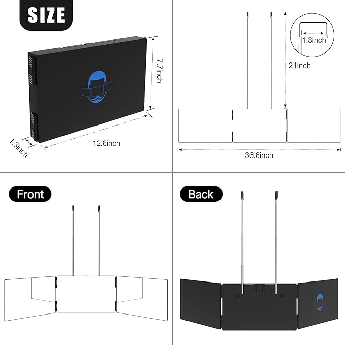 3 Way Mirror with 10X Magnifying Mirror, 360 Trifold Barber Mirror for Self Cutting and Braiding Hair, 3 Sided Mirror with Adjustable Hooks, Portable Makeup Mirror to see back of head