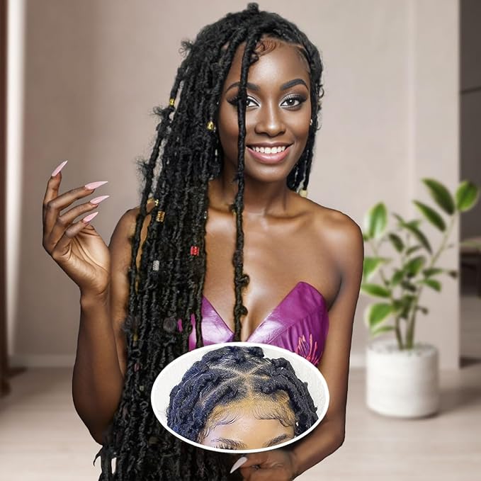 45 inch Butterfly Locs Wig, Extra Long Knotless Big Triangle Part Full Double Lace DistressedLocs Wigs, Butterfly Faux Locs Wigs Pre-Plucked with Baby Hair