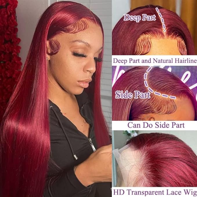 99j Burgundy Lace Front Wigs Human Hair Pre Plucked 180% Density 13x4 Straight hd Lace Frontal Wig with Baby Hair Human Hair Wigs for Women Red Wig 26inch