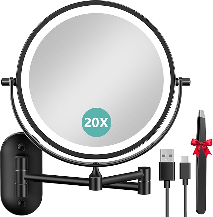 1X/20X Wall Mounted Makeup Mirror with Light, 8" Double-Sided Magnifying Mirror, 3 Color Lights Touch Dimmable Vanity Mirror with 360° Extension Rotation Foldable 14.5 Inch Arm for Bathroom
