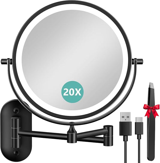 1X/20X Wall Mounted Makeup Mirror with Light, 8" Double-Sided Magnifying Mirror, 3 Color Lights Touch Dimmable Vanity Mirror with 360° Extension Rotation Foldable 14.5 Inch Arm for Bathroom